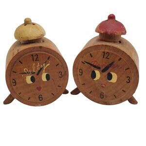 Salt & Pepper Shakers Wood Alarm Clocks Vintage Kitsch BP Japan Hand Painted